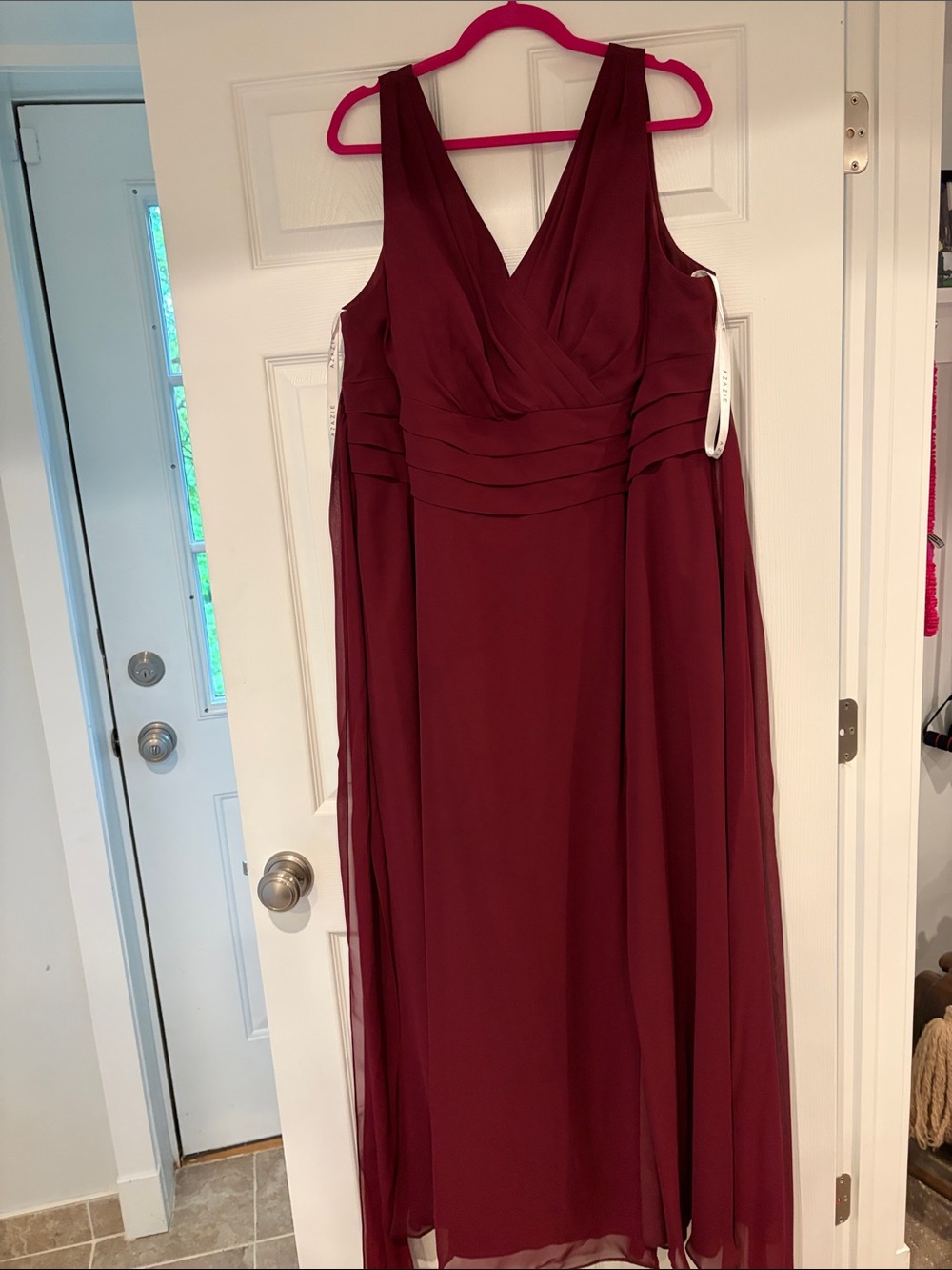 Azazie Burgundy V-Neck Pleated Waist Maxi Dress